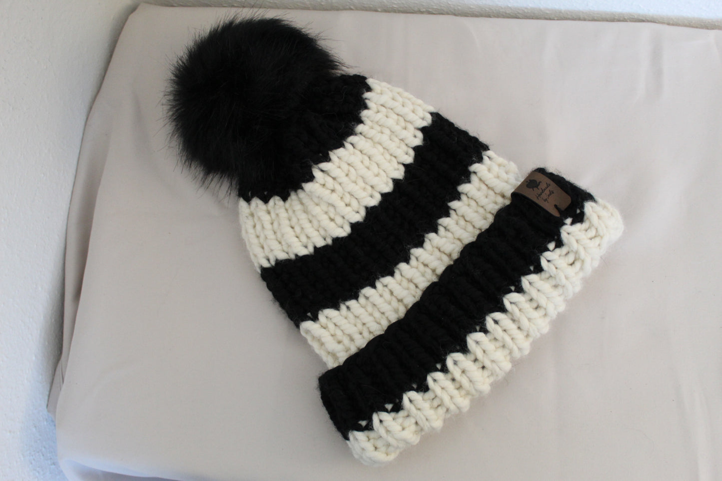 ‘TONY’ Beanie in BLACK & WHITE STRIPE with FAUX FUR POM