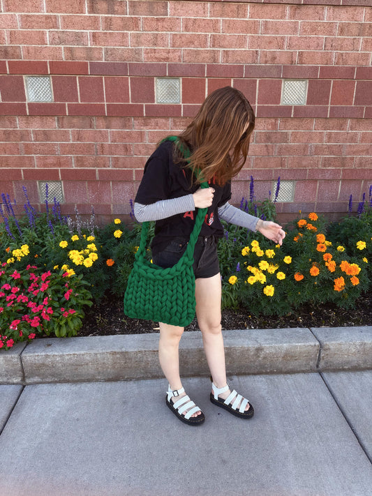 Chunky Knit Midi Bag in Varsity Green