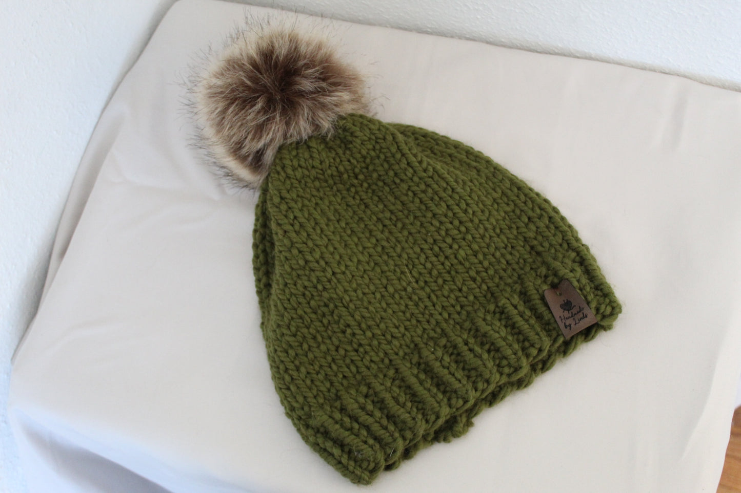 ‘MARGARET’ Hat in OLIVE GREEN with FAUX FUR POM