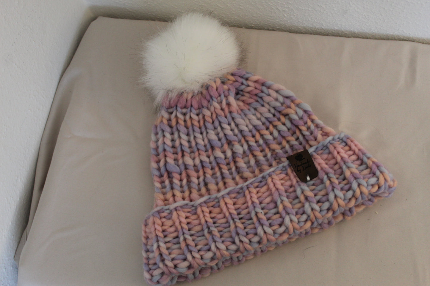 ‘TONY’ Beanie in PASTEL PARTY with FAUX FUR POM