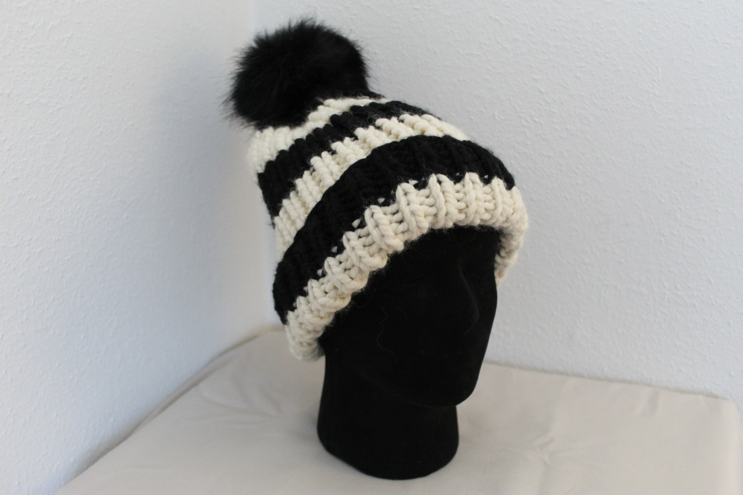 ‘TONY’ Beanie in BLACK & WHITE STRIPE with FAUX FUR POM