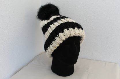 ‘TONY’ Beanie in BLACK & WHITE STRIPE with FAUX FUR POM