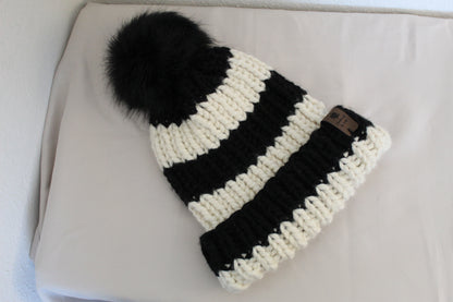 ‘TONY’ Beanie in BLACK & WHITE STRIPE with FAUX FUR POM