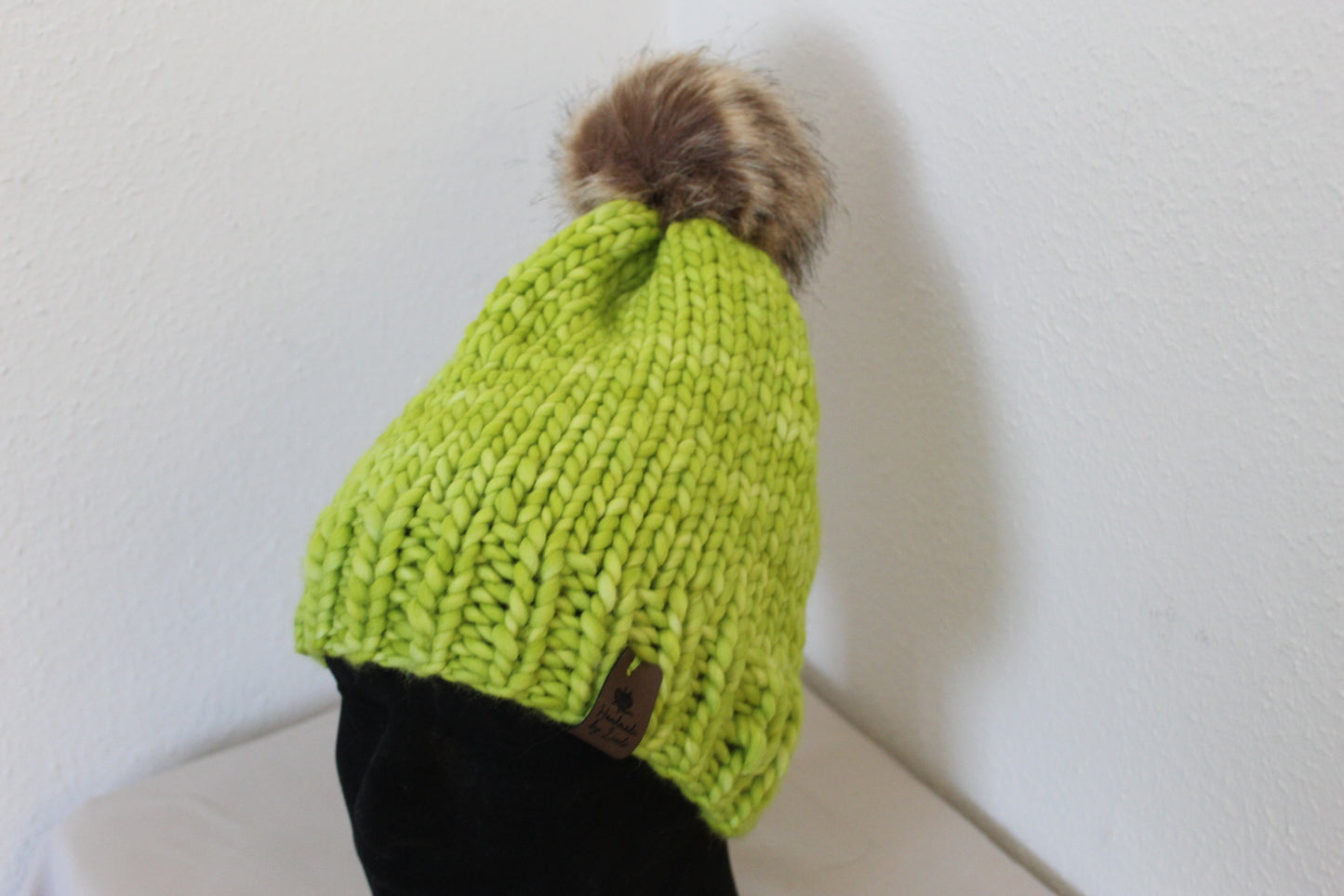 ‘MARGARET’ Hat in APPLE GREEN with FAUX FUR POM