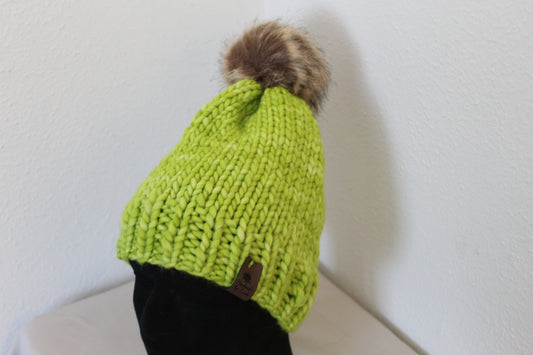 ‘MARGARET’ Hat in APPLE GREEN with FAUX FUR POM