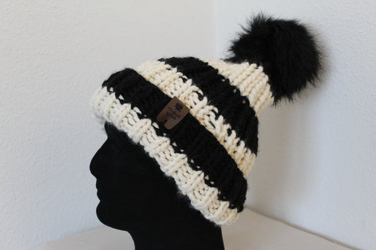 ‘TONY’ Beanie in BLACK & WHITE STRIPE with FAUX FUR POM