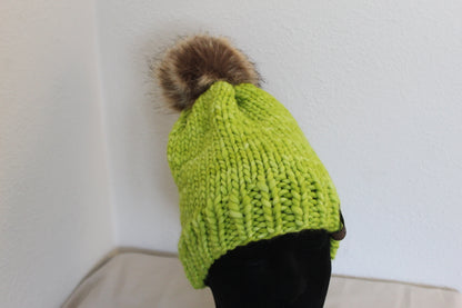‘MARGARET’ Hat in APPLE GREEN with FAUX FUR POM