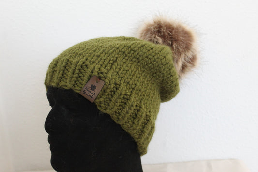 ‘MARGARET’ Hat in OLIVE GREEN with FAUX FUR POM