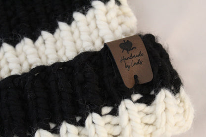 ‘TONY’ Beanie in BLACK & WHITE STRIPE with FAUX FUR POM