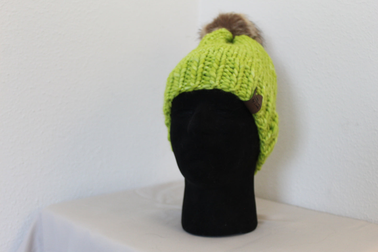 ‘MARGARET’ Hat in APPLE GREEN with FAUX FUR POM