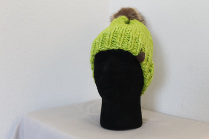 ‘MARGARET’ Hat in APPLE GREEN with FAUX FUR POM