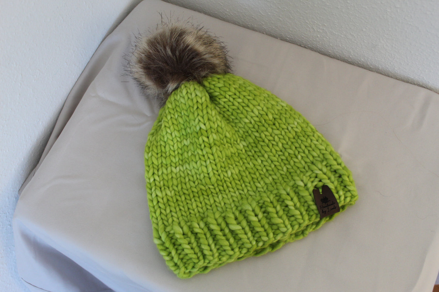 ‘MARGARET’ Hat in APPLE GREEN with FAUX FUR POM