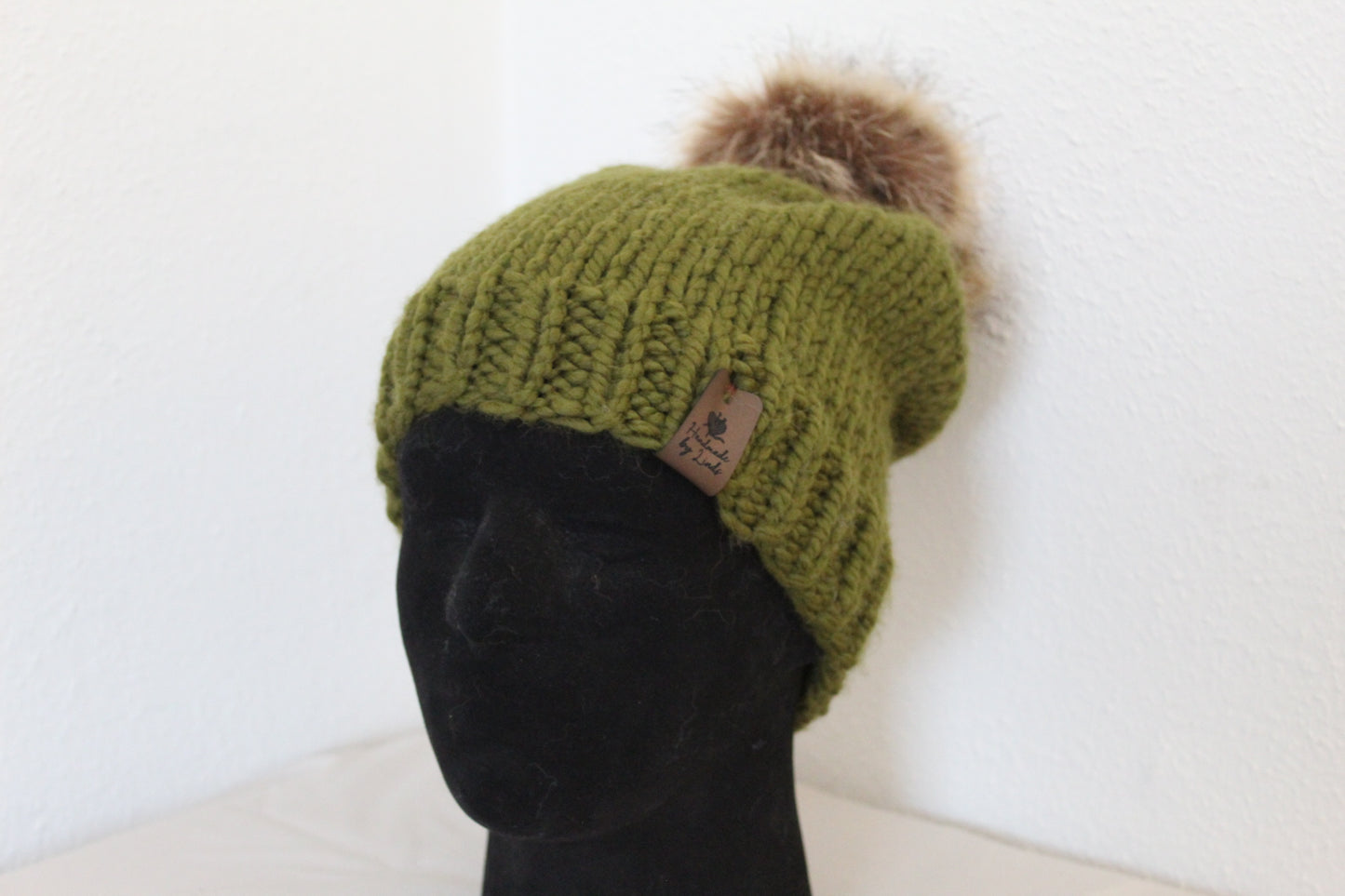 ‘MARGARET’ Hat in OLIVE GREEN with FAUX FUR POM